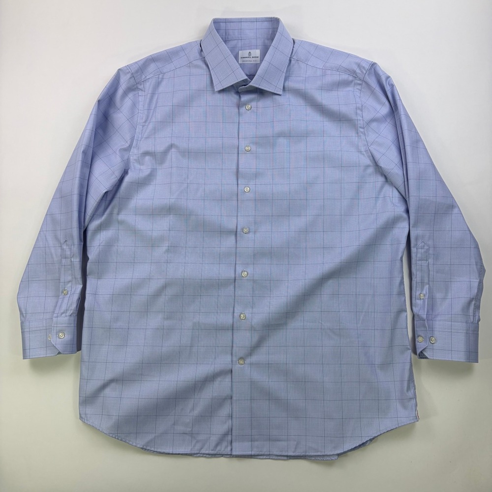 Emanuel Berg Modern Fit Shirt Mens 18 46cm Blue Check Cotton Made in Poland